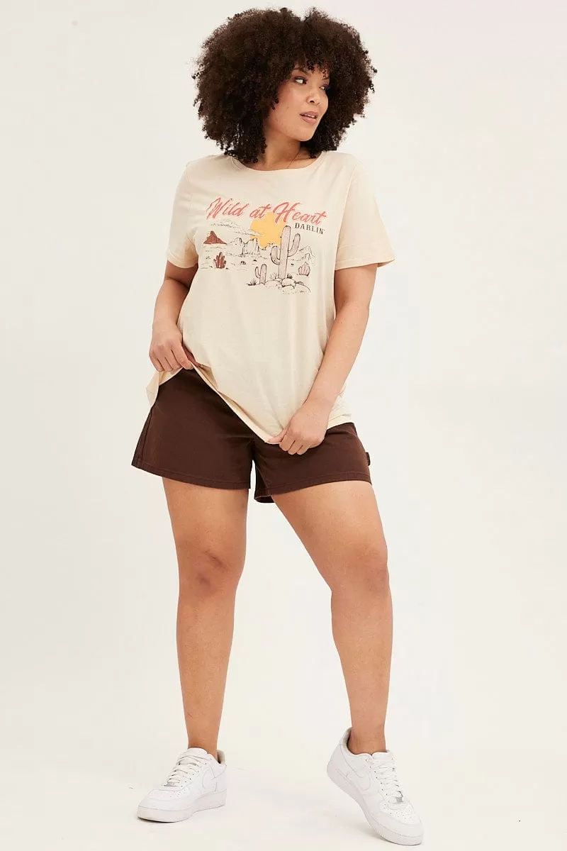 Beige Graphic T Shirt Short Sleeve Crew Neck