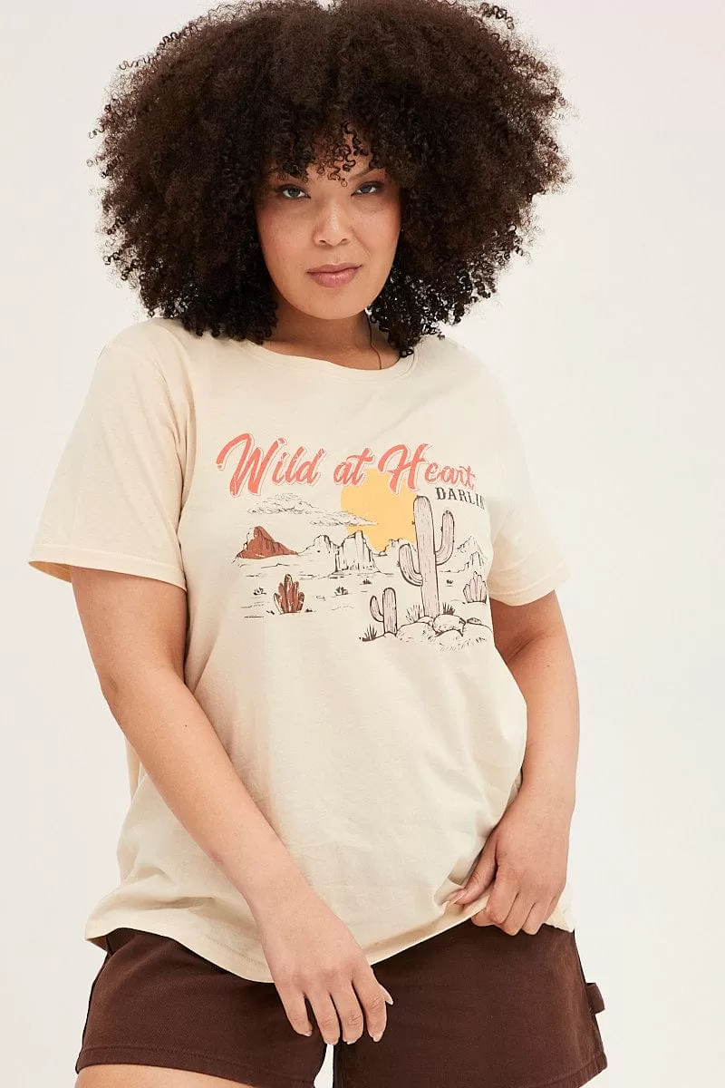 Beige Graphic T Shirt Short Sleeve Crew Neck