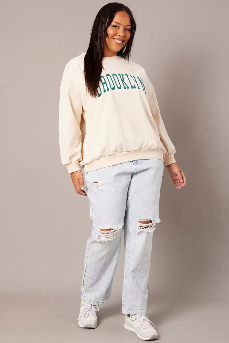 Beige Oversized Sweater Long Sleeve Crew Neck