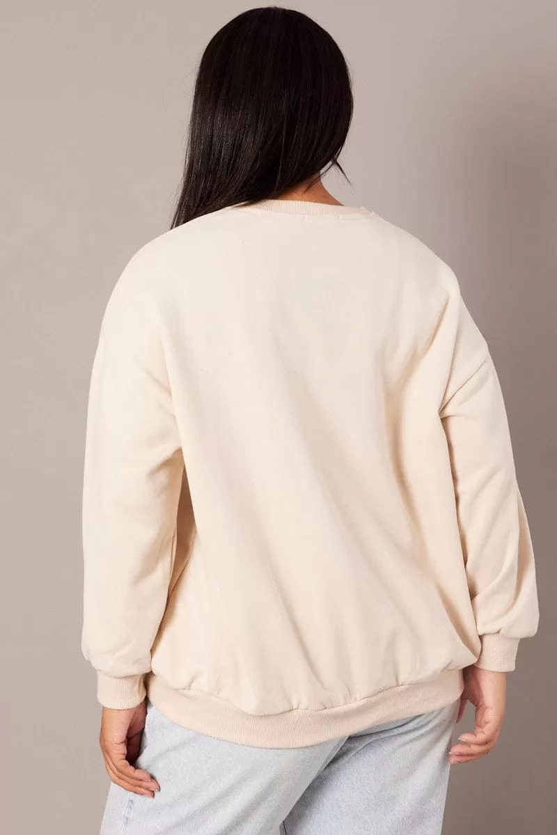 Beige Oversized Sweater Long Sleeve Crew Neck