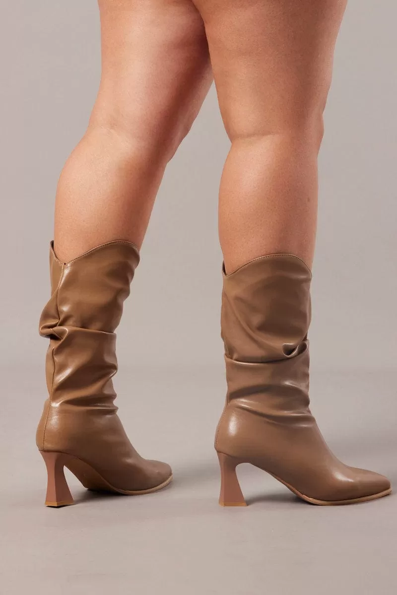 Beige Ruched Heeled Boots