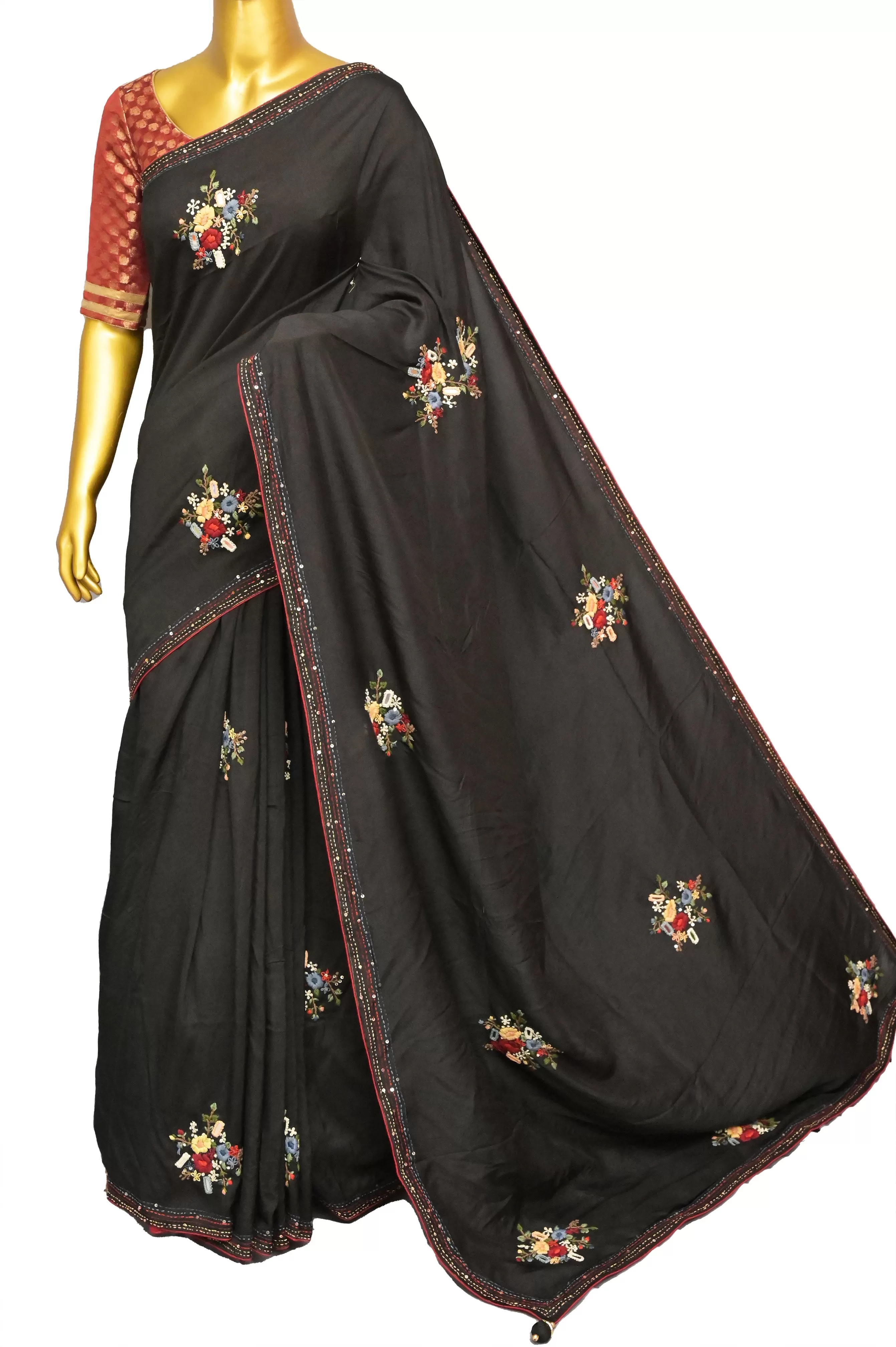 Black Color Chinon Silk with Bullion Hand Embroidery and Sequin Work with Piping Border