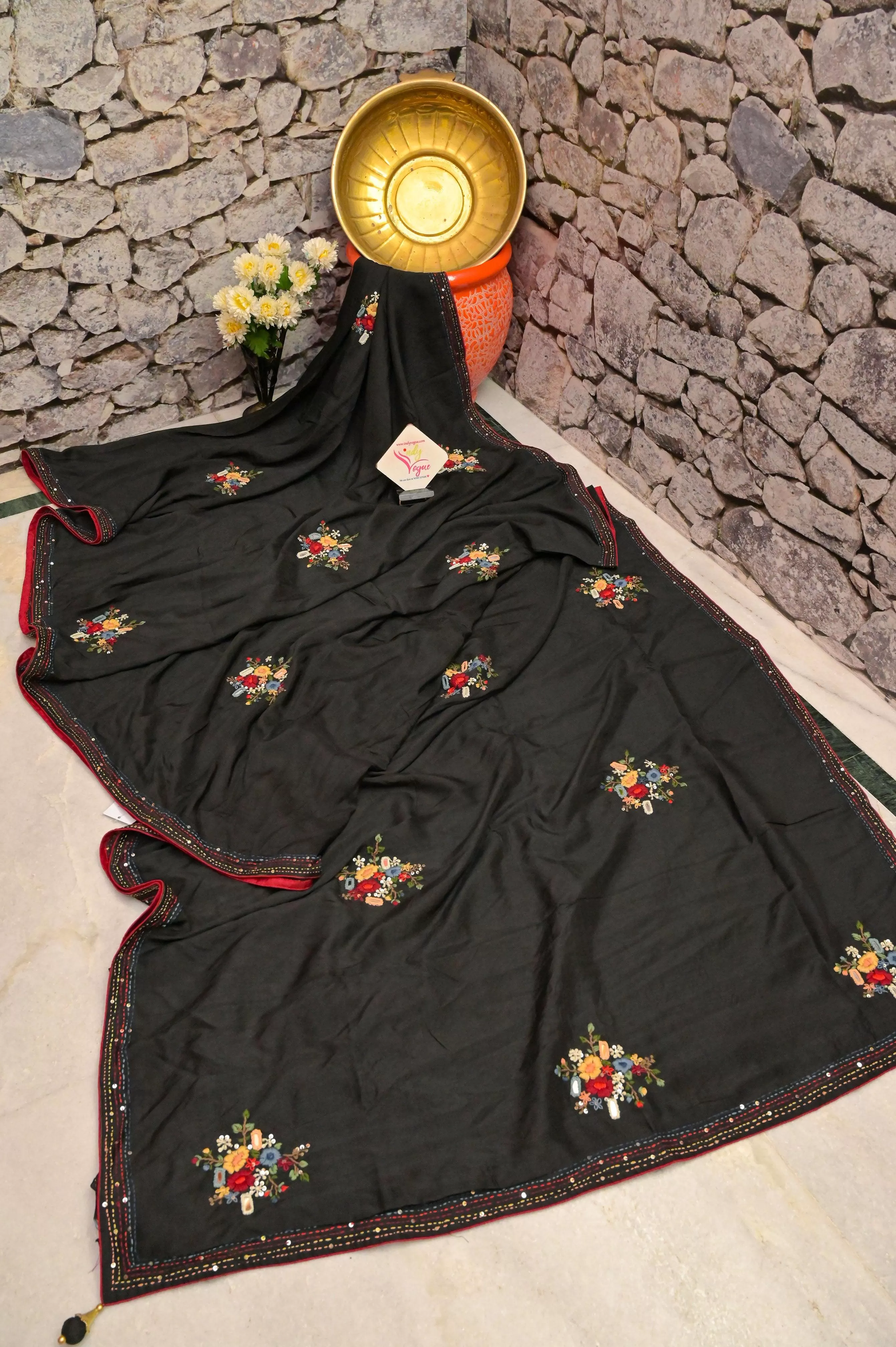 Black Color Chinon Silk with Bullion Hand Embroidery and Sequin Work with Piping Border