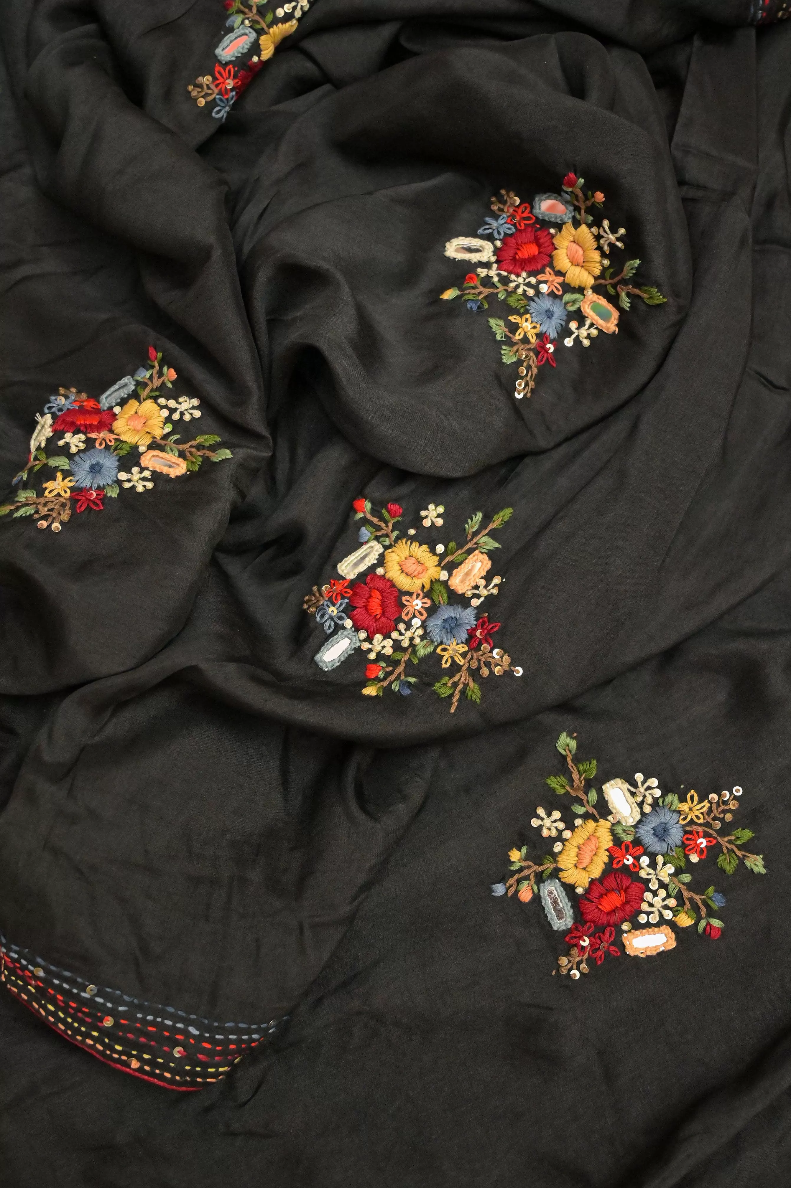 Black Color Chinon Silk with Bullion Hand Embroidery and Sequin Work with Piping Border