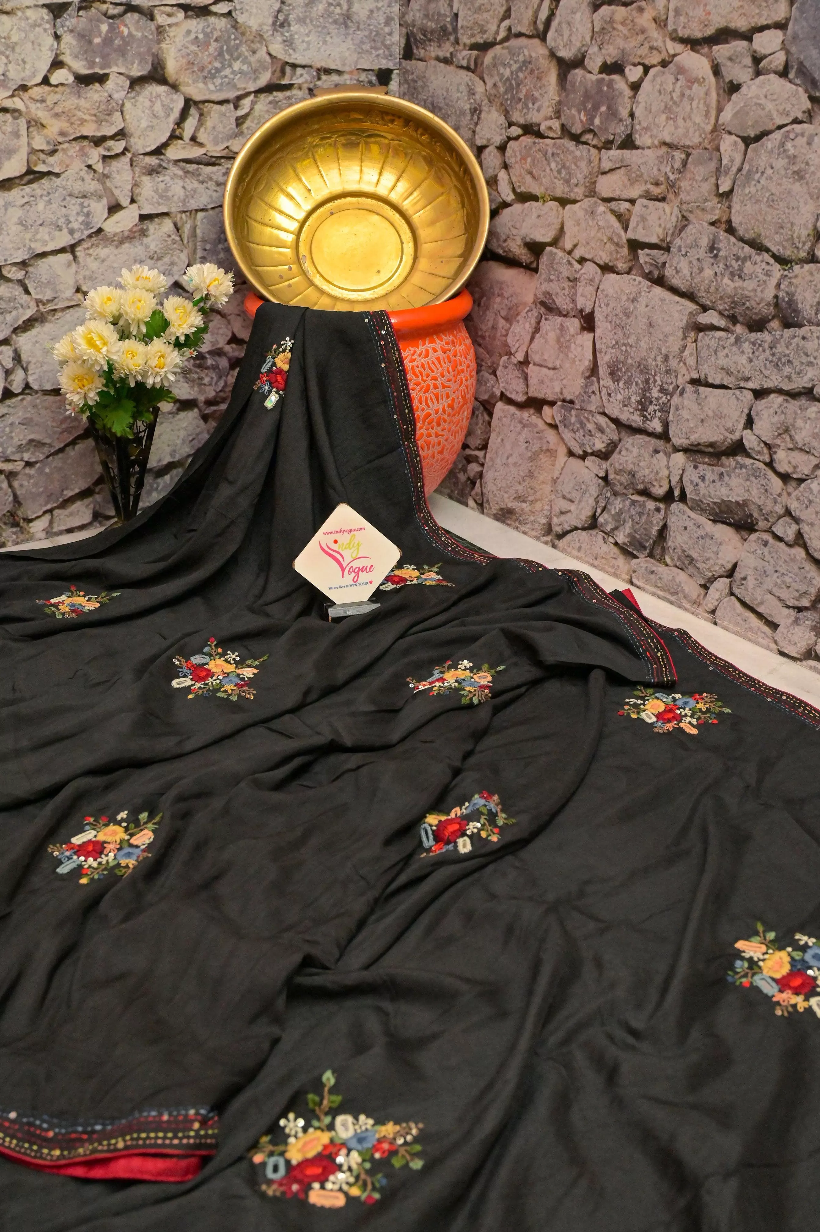 Black Color Chinon Silk with Bullion Hand Embroidery and Sequin Work with Piping Border