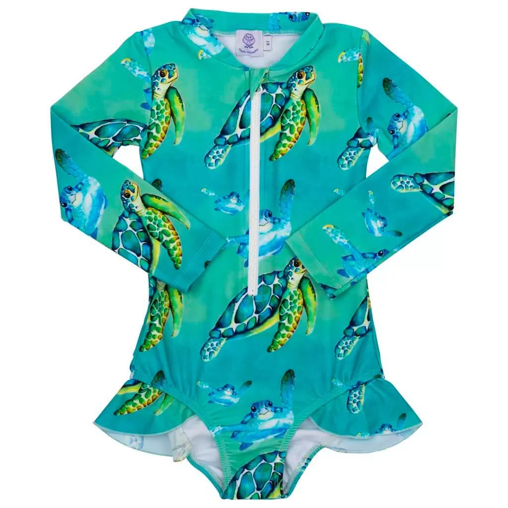 Blue Turtle Girls Long Sleeve Zip Swimmers