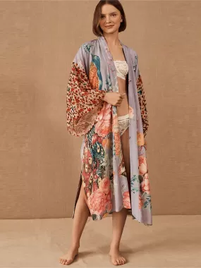 Bridal Partywear Polyester Long Length Peacock Print Multicolor Gown Kimono Duster Robe