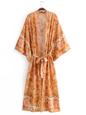 Bride to Be Floral Print Orange Color Cotton Long Gown Kimono Duster Robe