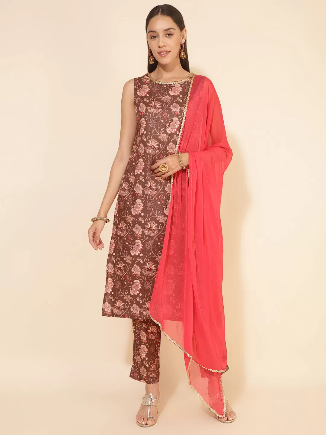 Brown Crepe Digital Floral Printed Kurta with Pant and Dupatta