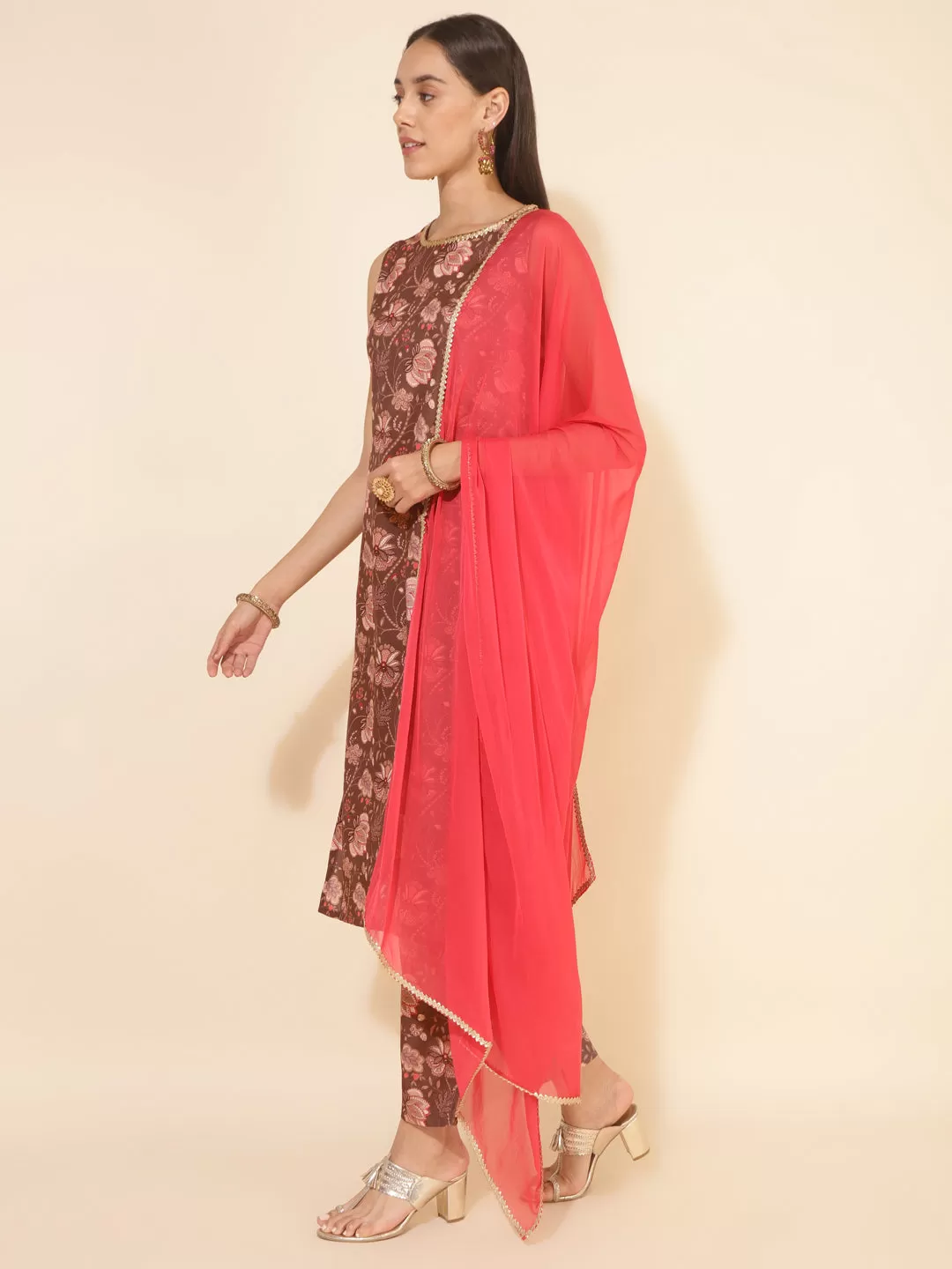 Brown Crepe Digital Floral Printed Kurta with Pant and Dupatta