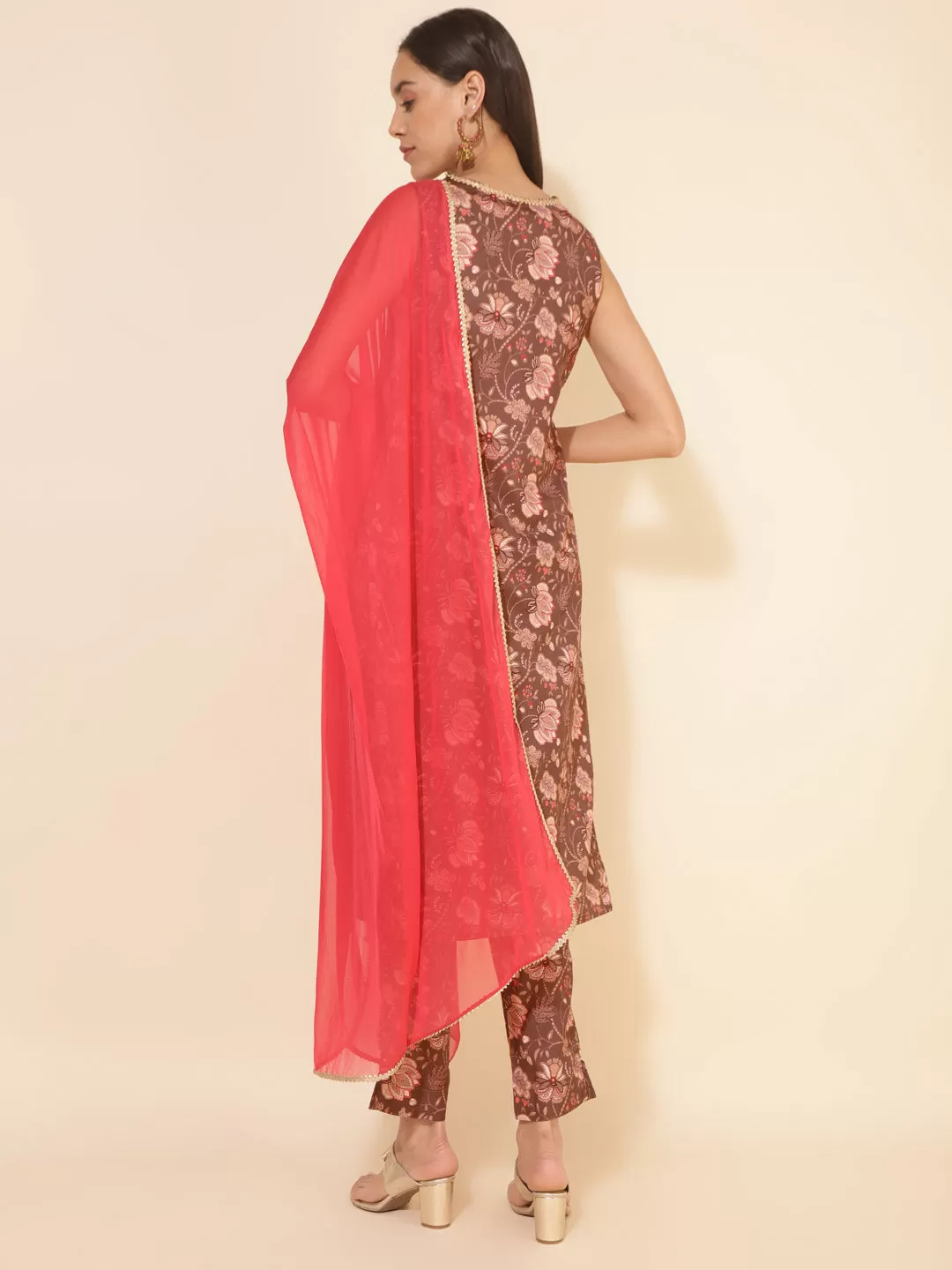 Brown Crepe Digital Floral Printed Kurta with Pant and Dupatta