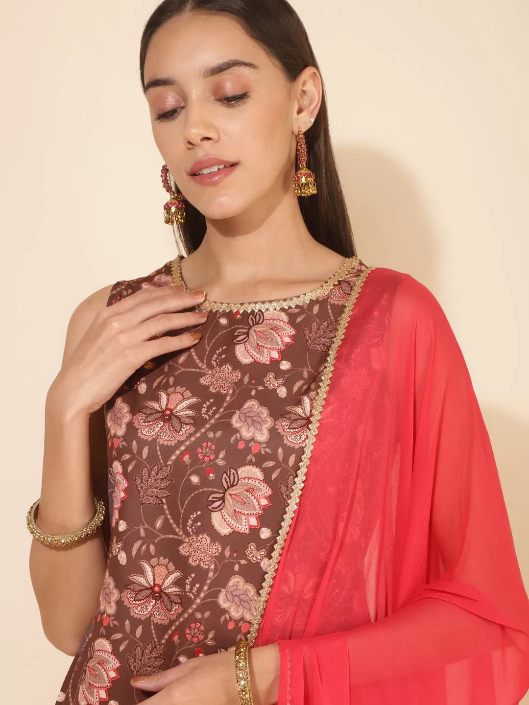 Brown Crepe Digital Floral Printed Kurta with Pant and Dupatta