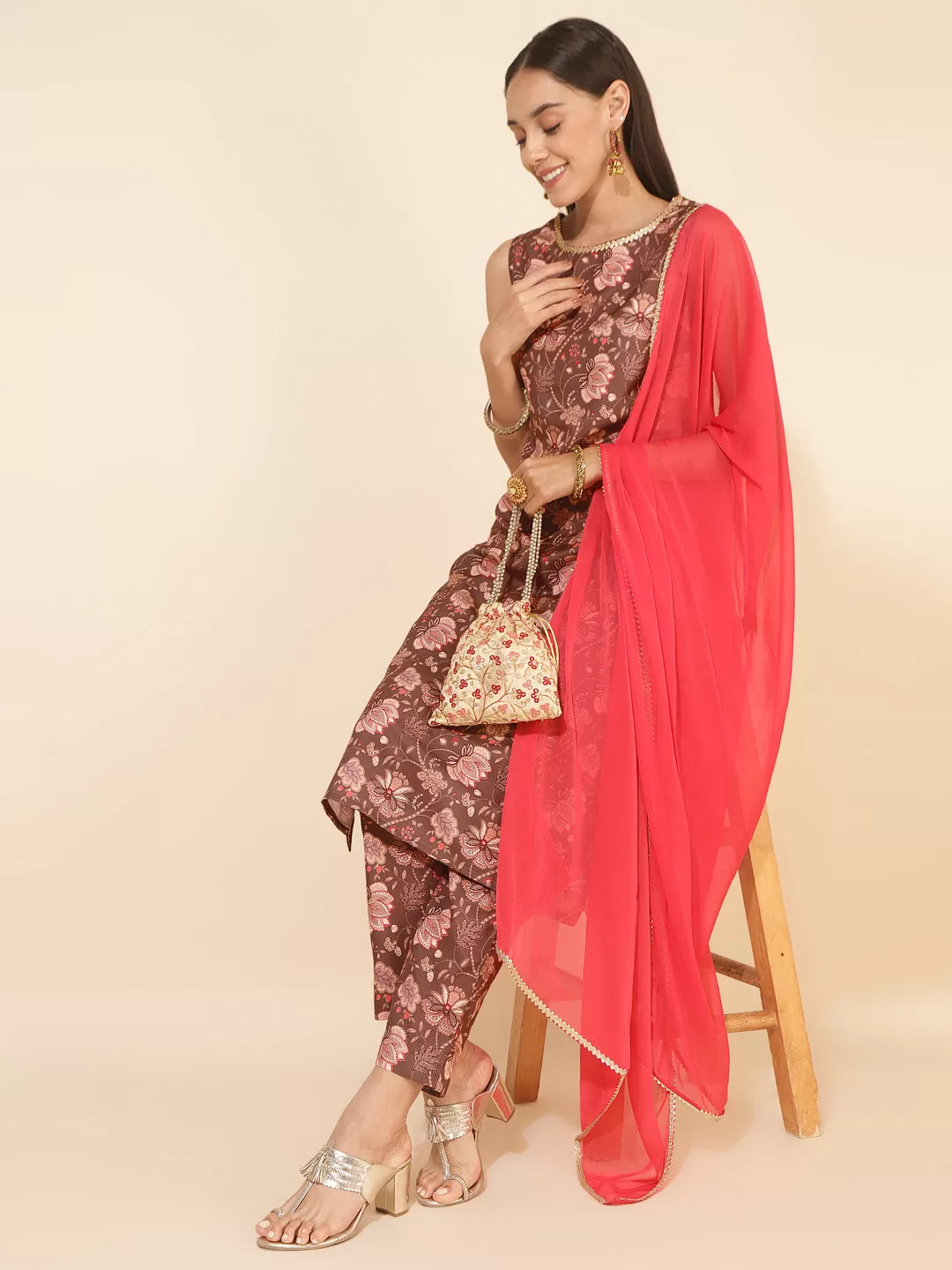 Brown Crepe Digital Floral Printed Kurta with Pant and Dupatta