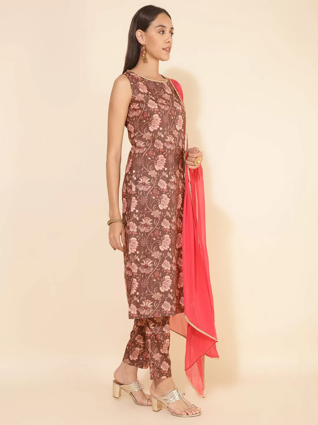 Brown Crepe Digital Floral Printed Kurta with Pant and Dupatta