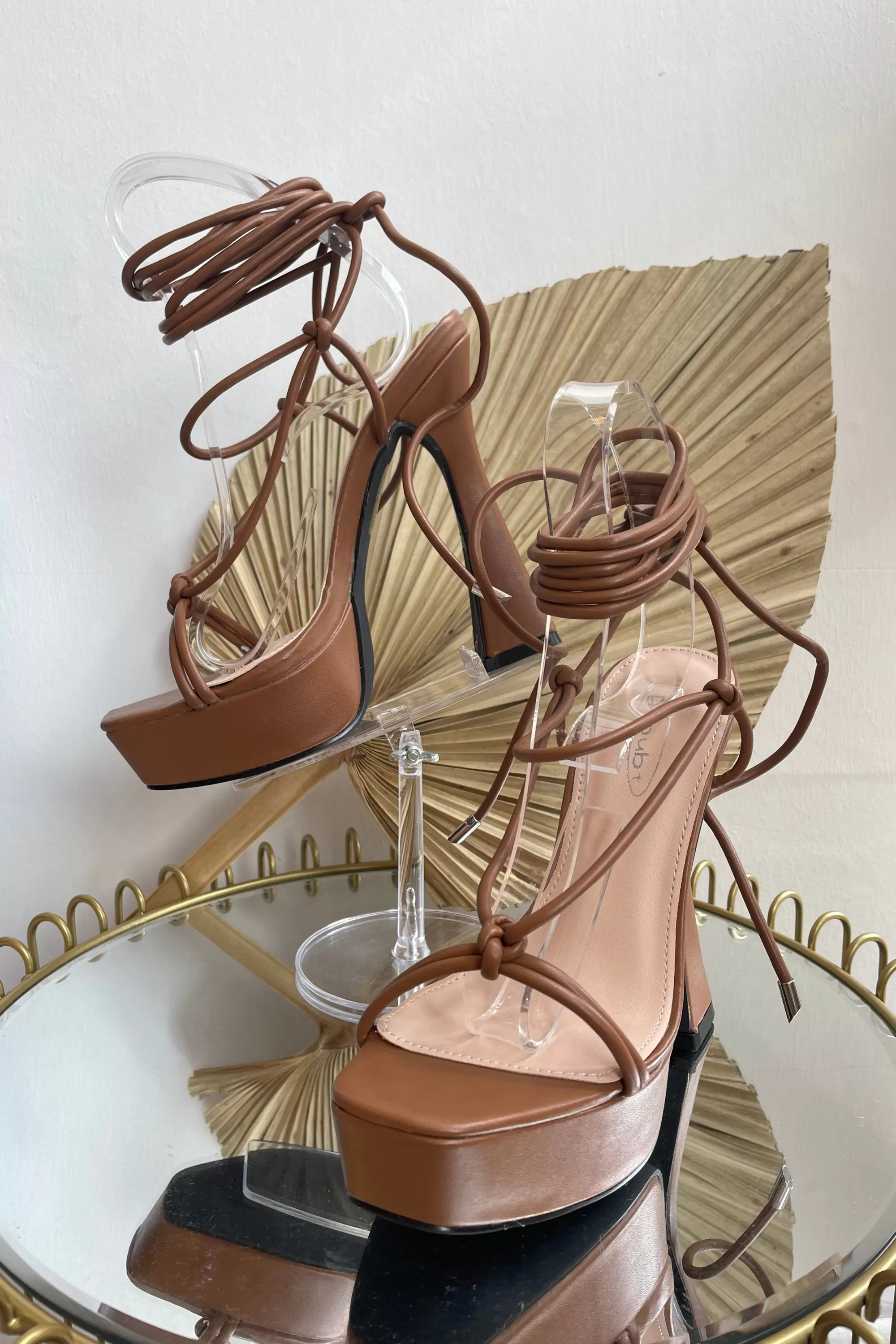 Brown PU Strap Up Platform Heels