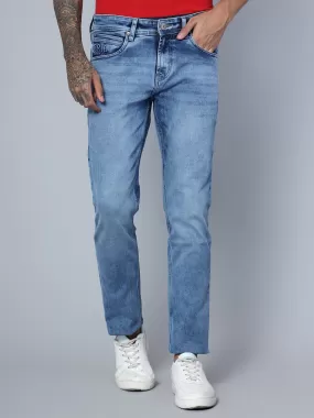 Cantabil Blue Solid Cotton Denim Flat Front Mid Rise Full Length Regular Fit Casual Jeans For Men