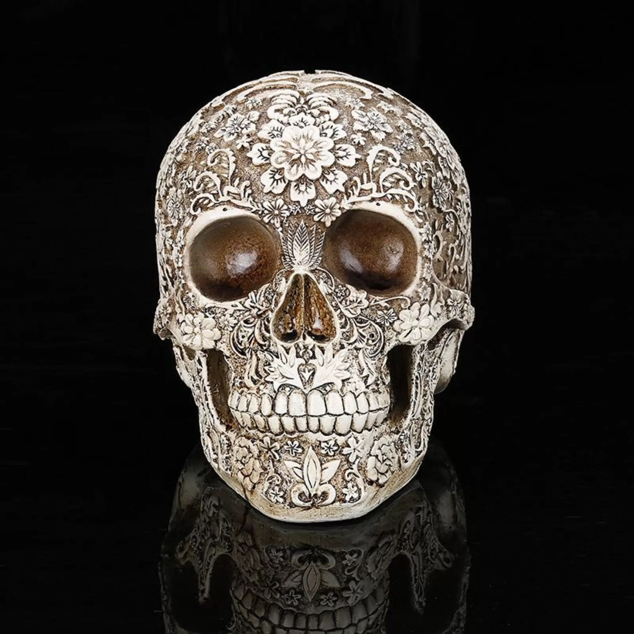 Carved Floral Skull Ornament