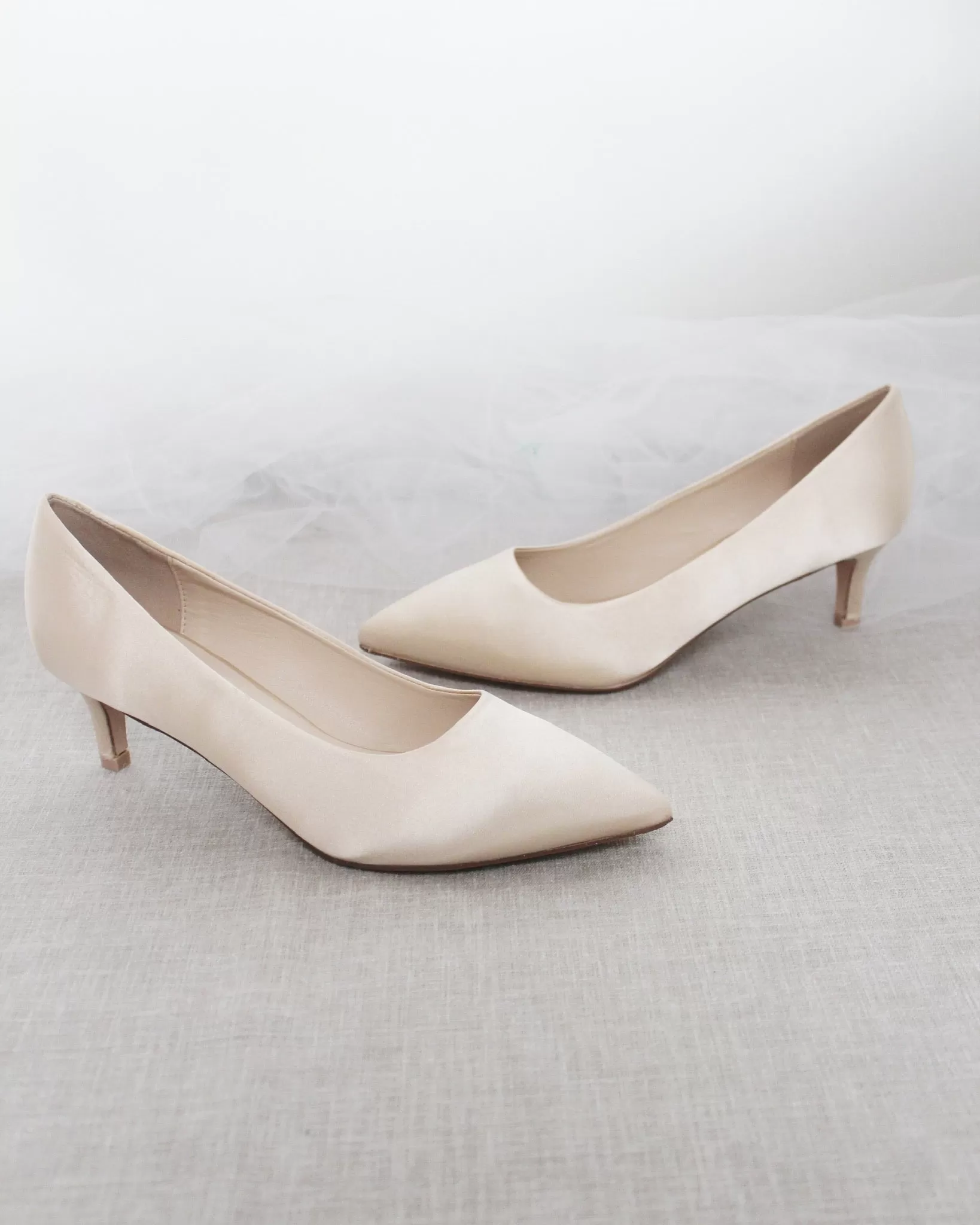 Champagne Satin Pointy Toe Pump Low Heel