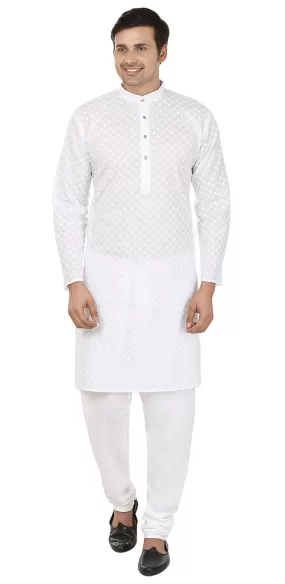 Chikan Embroidered Cotton Men's Kurta Pajama Indian Clothes (White)