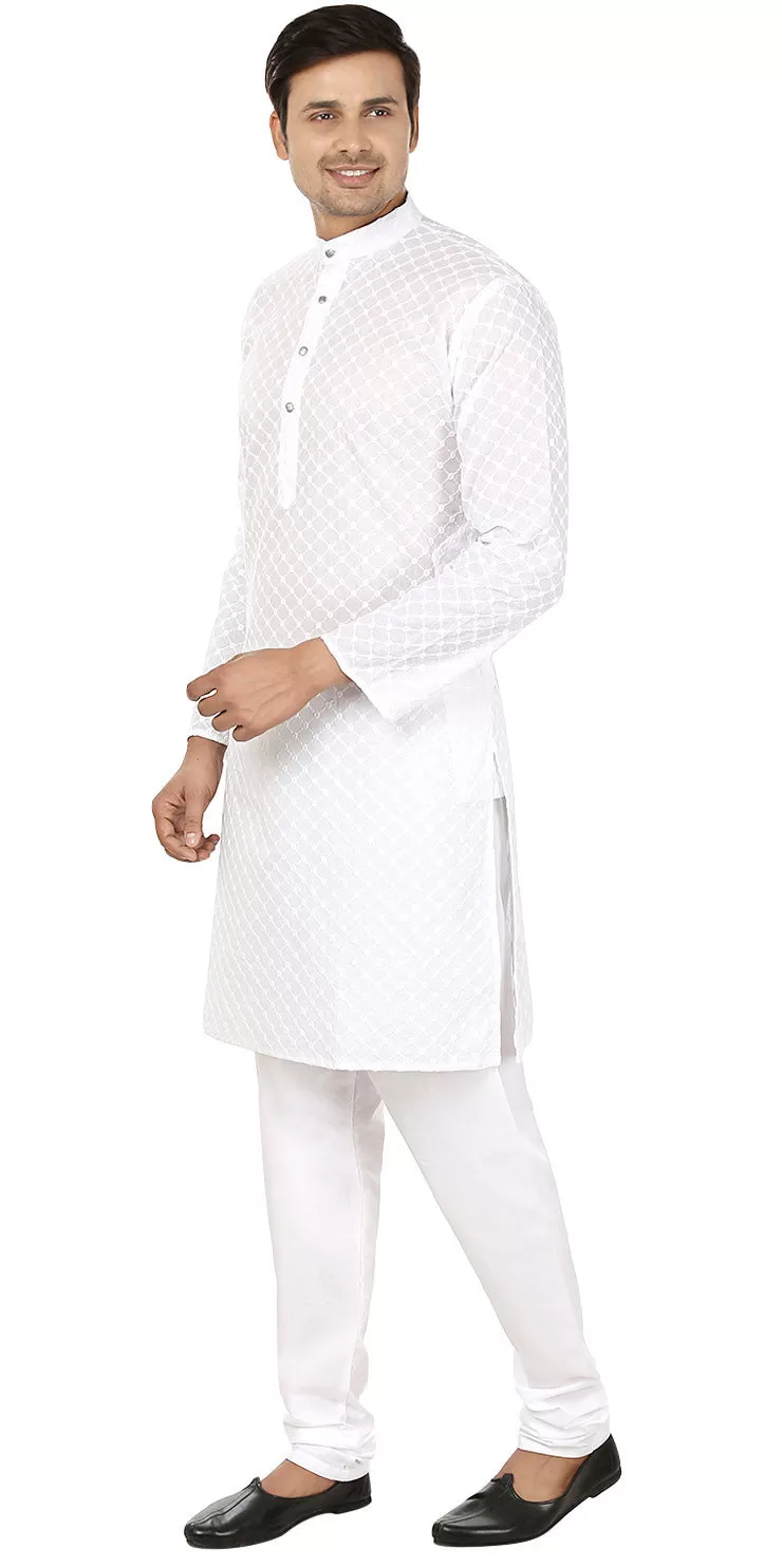 Chikan Embroidered Cotton Men's Kurta Pajama Indian Clothes (White)