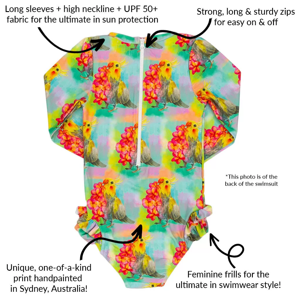 Cockatiel Girls Long Sleeve Back Zip Swimmers