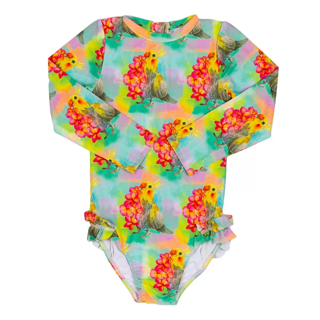 Cockatiel Girls Long Sleeve Back Zip Swimmers