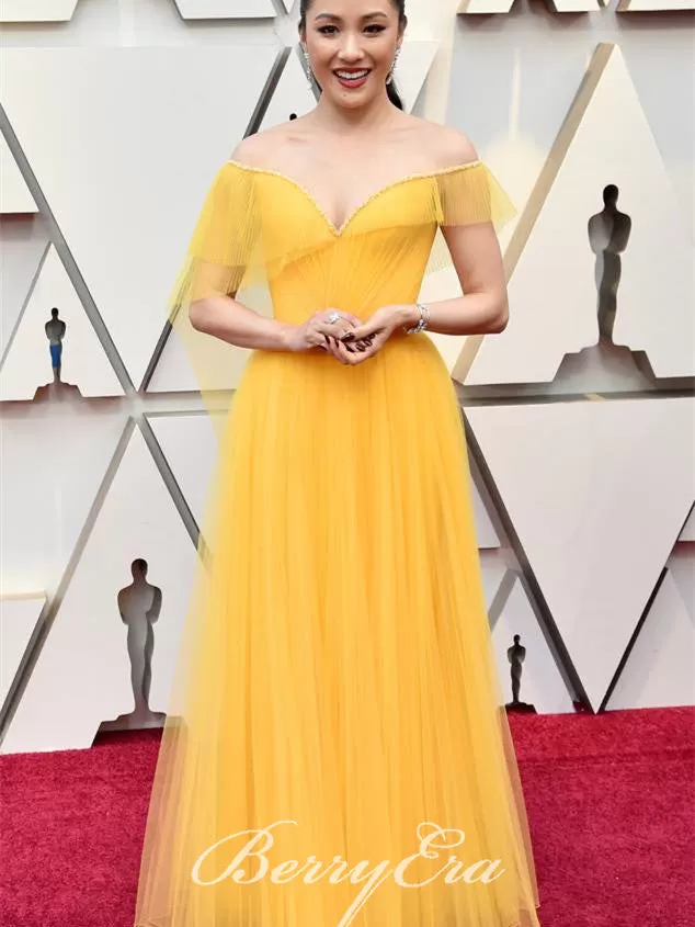 Constance Wu Off Shoulder Yellow Tulle Prom Dresses, Long Prom Dresses, Celebrity Dresses