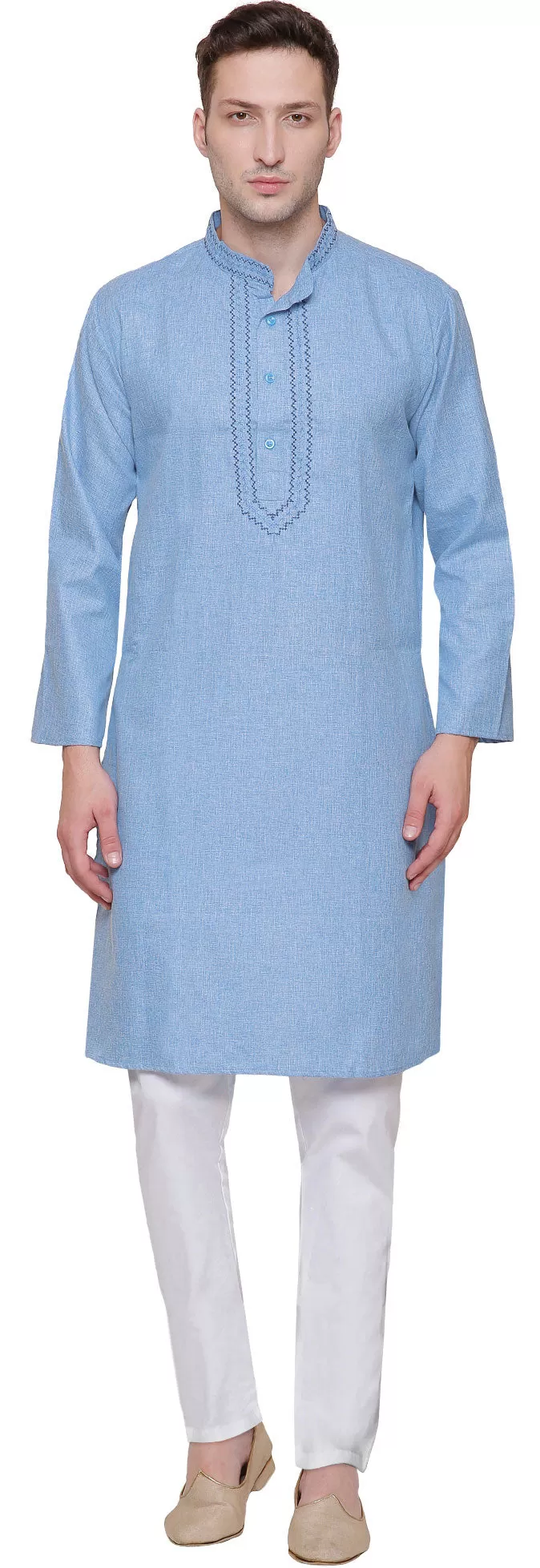 Cotton Embroidered Men's Kurta Pajama Indian Clothing (Sky Blue)