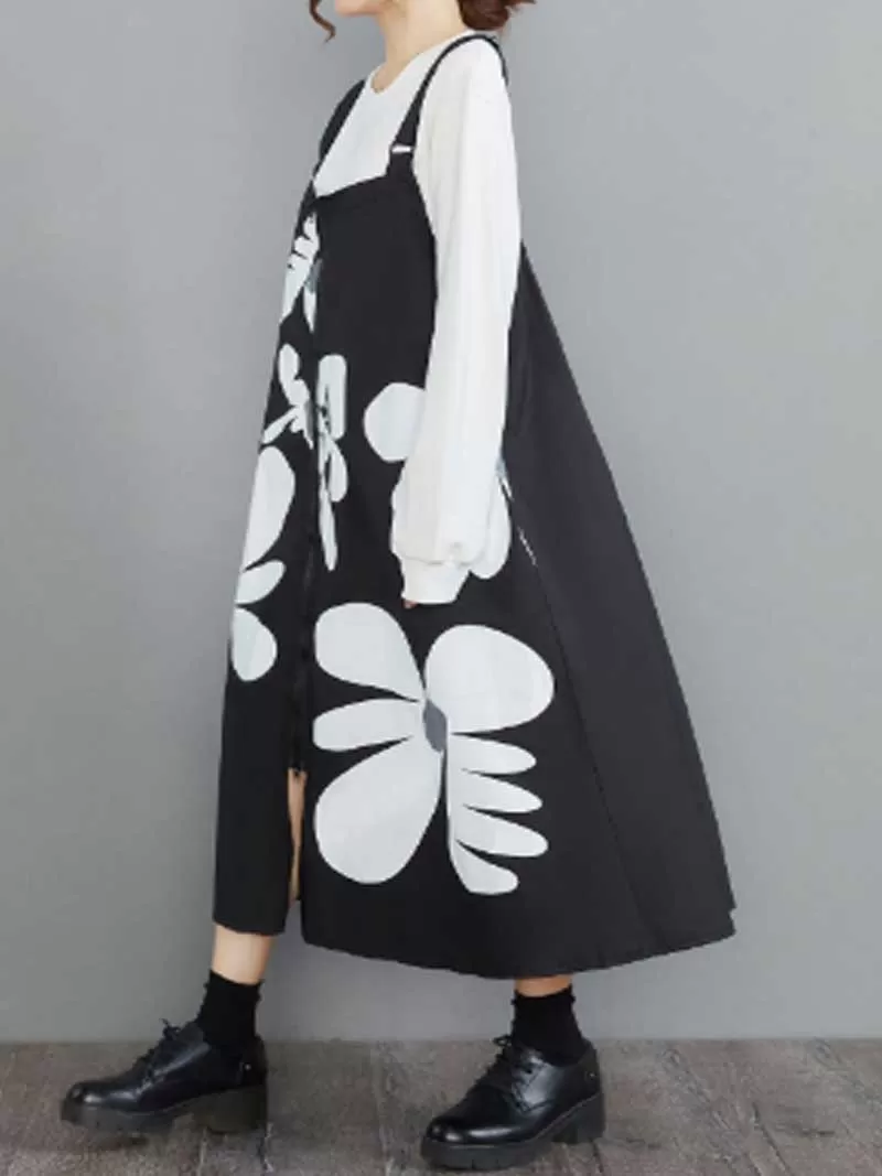 Cotton Floral Art Black Front Zip Salopette Dress