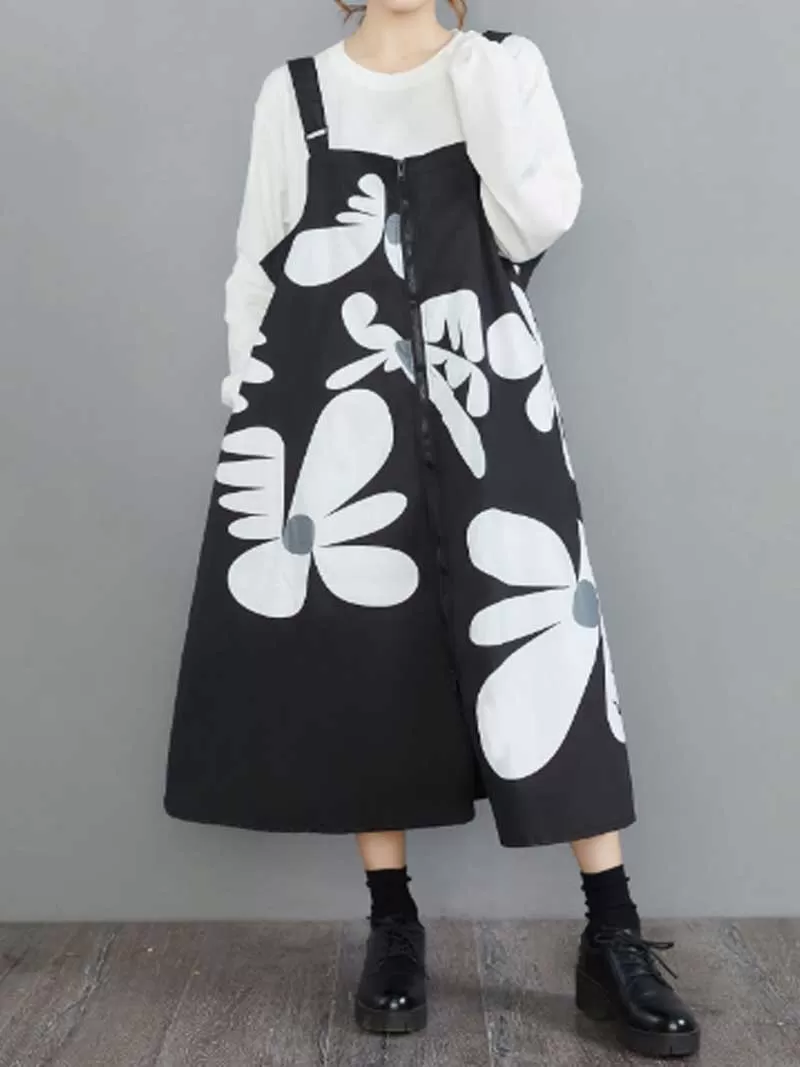 Cotton Floral Art Black Front Zip Salopette Dress