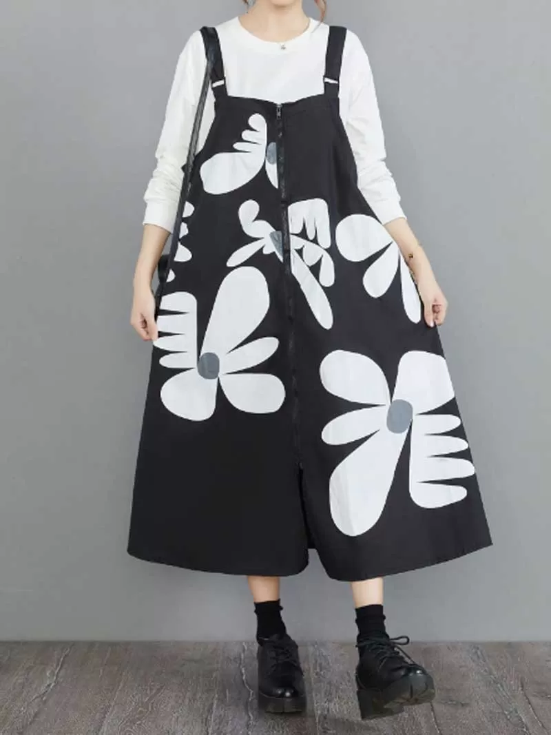 Cotton Floral Art Black Front Zip Salopette Dress