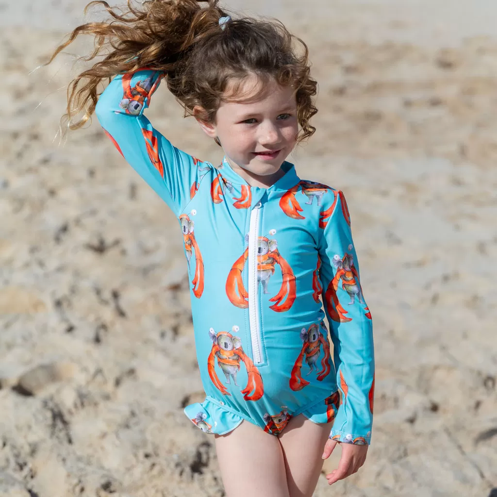 Crab Koala Girls Long Sleeve Zip Swimmers