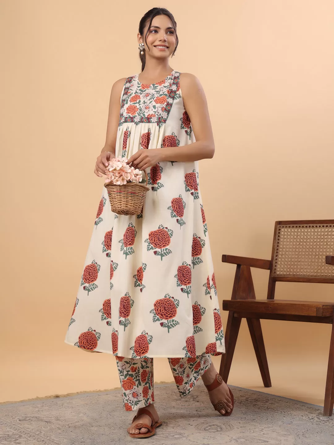 Cream Cotton Floral Gathered A-Line Kurta Set