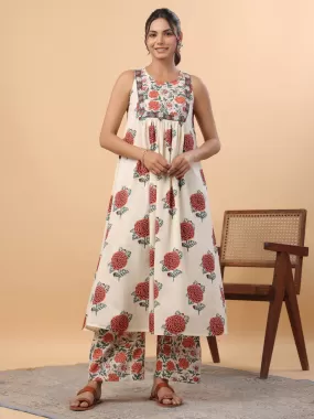 Cream Cotton Floral Gathered A-Line Kurta Set