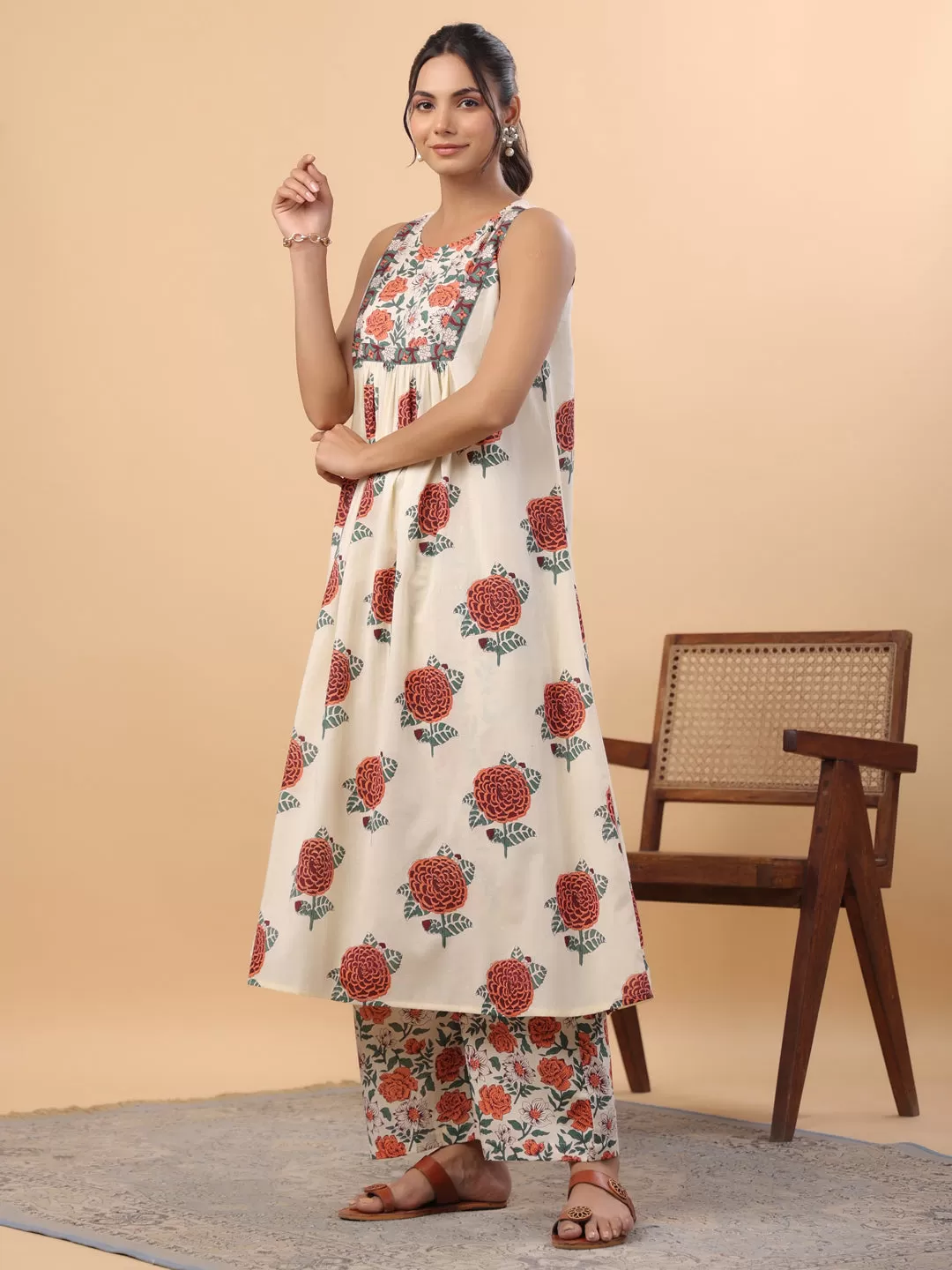 Cream Cotton Floral Gathered A-Line Kurta Set