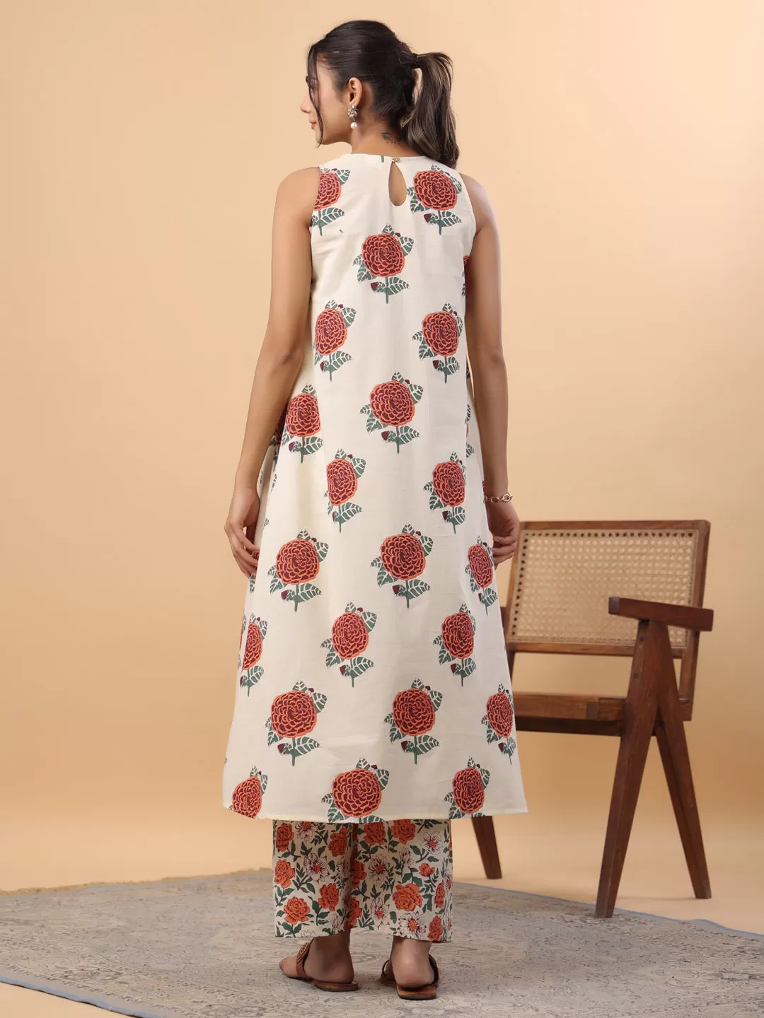 Cream Cotton Floral Gathered A-Line Kurta Set