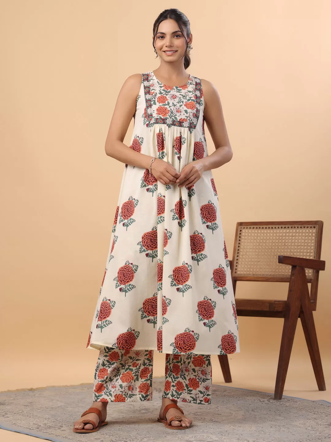 Cream Cotton Floral Gathered A-Line Kurta Set