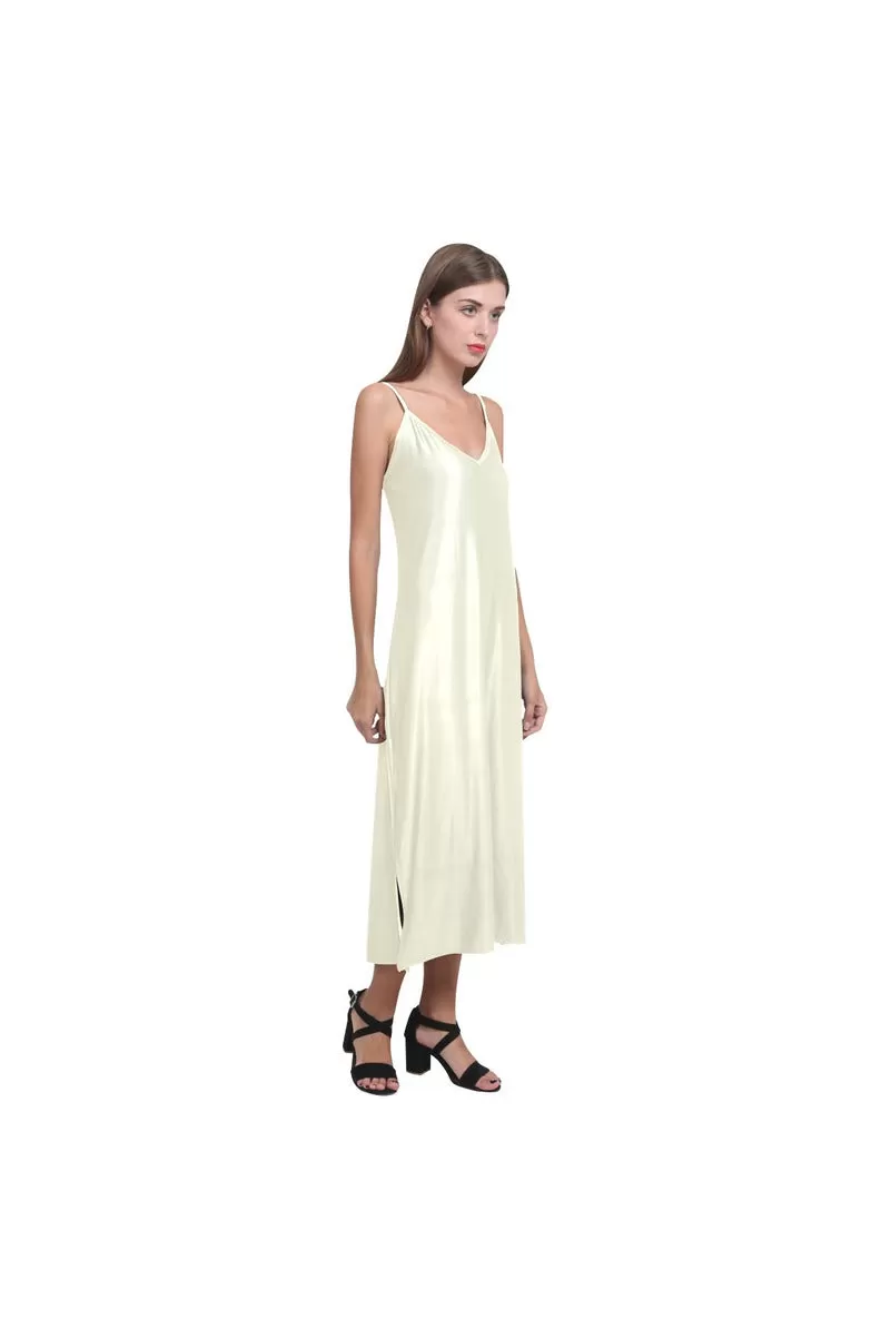 Cream V-Neck Open Fork Long Dress(Model D18)