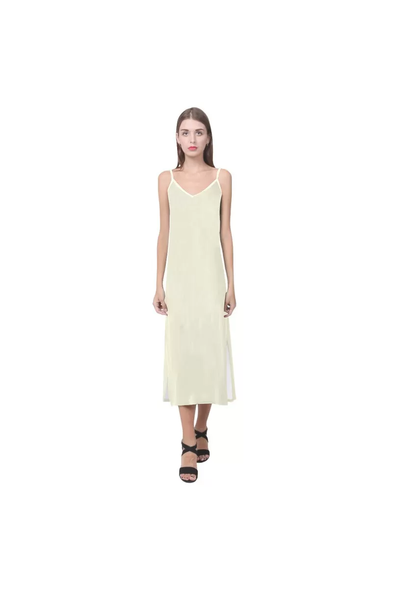 Cream V-Neck Open Fork Long Dress(Model D18)