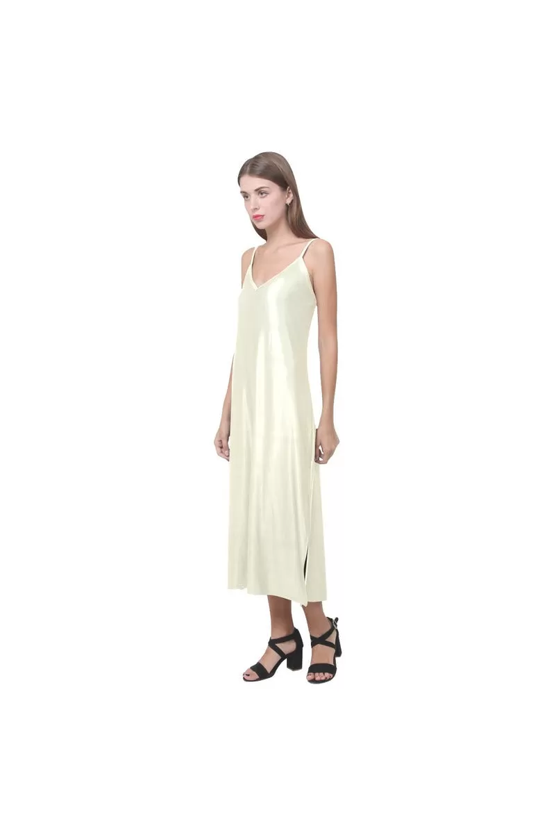 Cream V-Neck Open Fork Long Dress(Model D18)