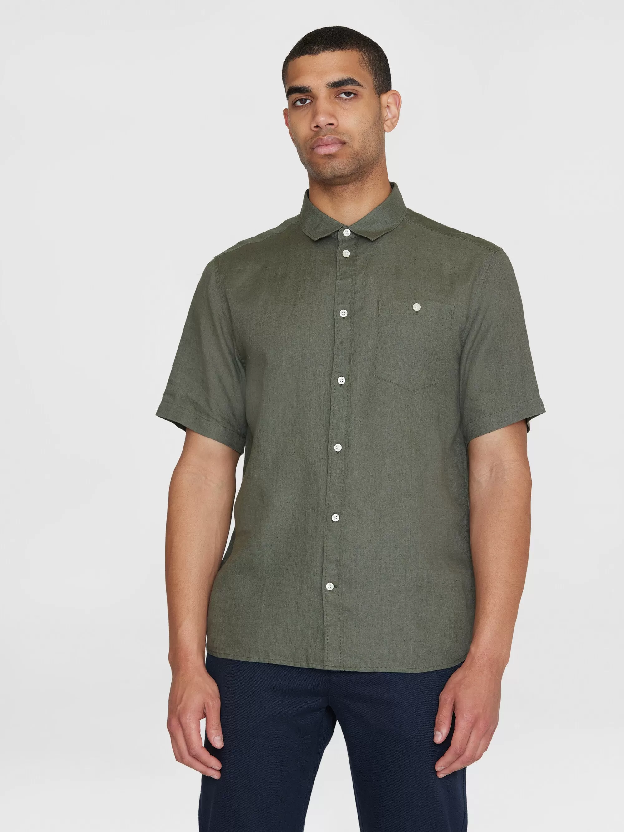 Custom fit linen short sleeve shirt - Burned Olive