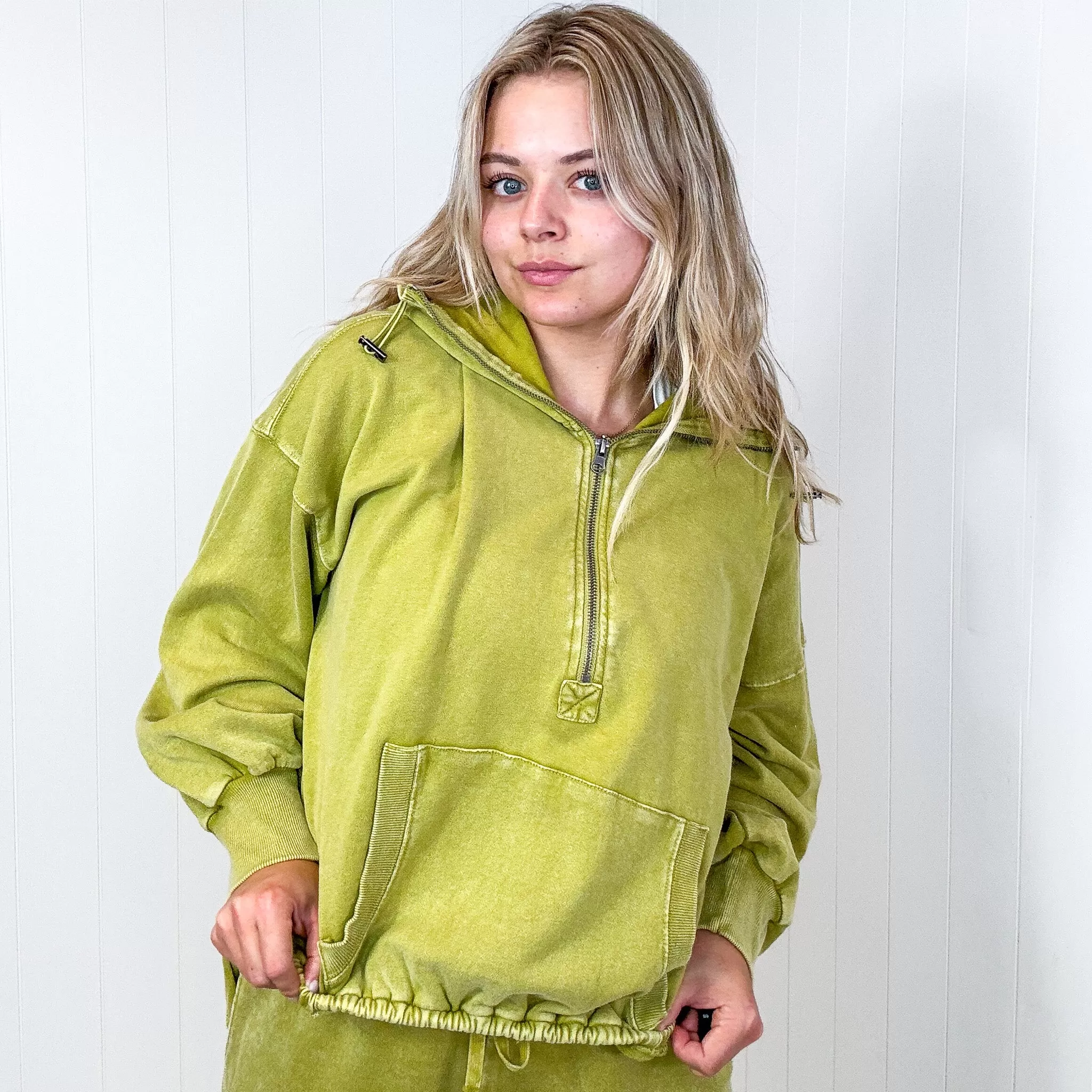 Fun on Fridays Mineral Washed Terry Knit Pullover Hoodie in Pistachio