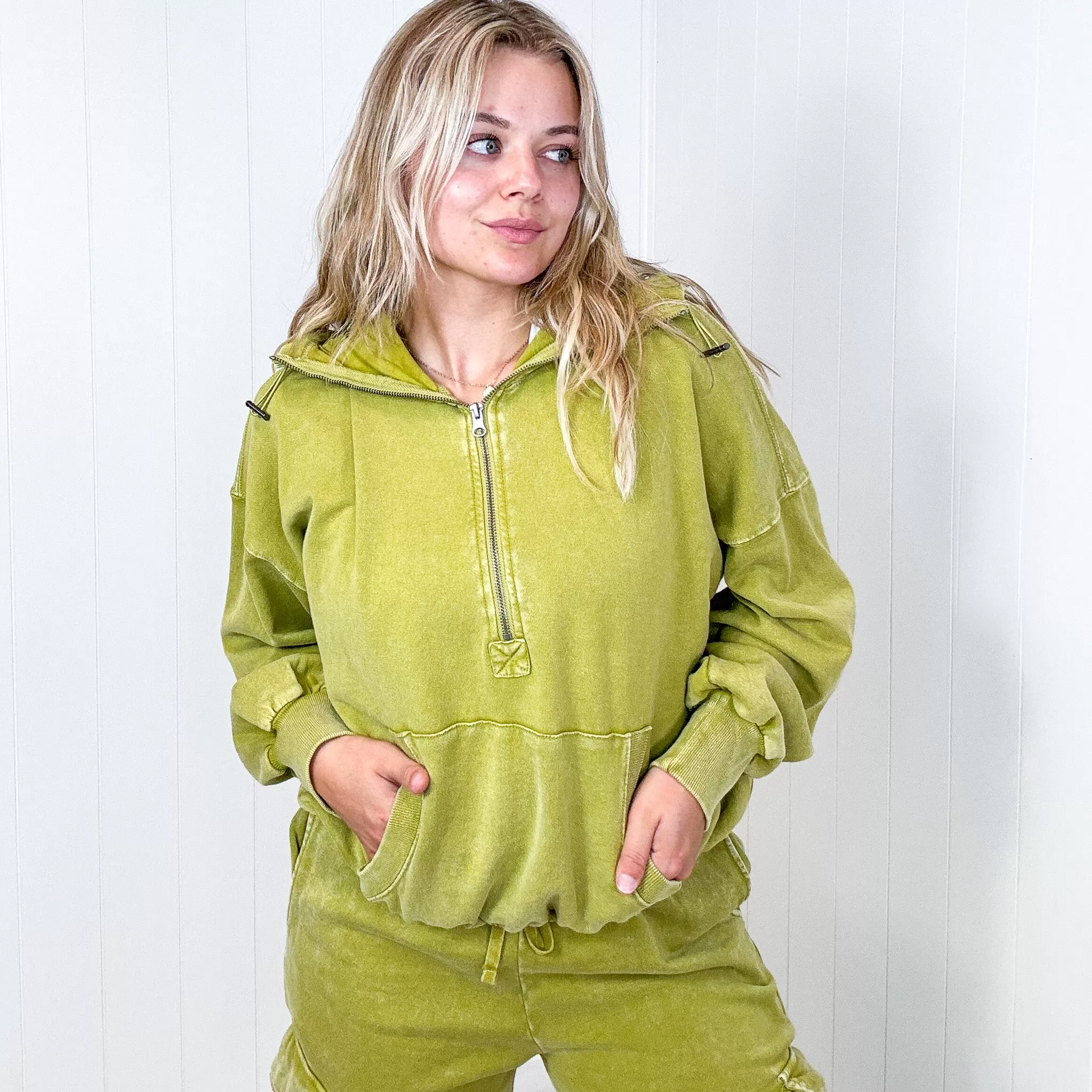 Fun on Fridays Mineral Washed Terry Knit Pullover Hoodie in Pistachio