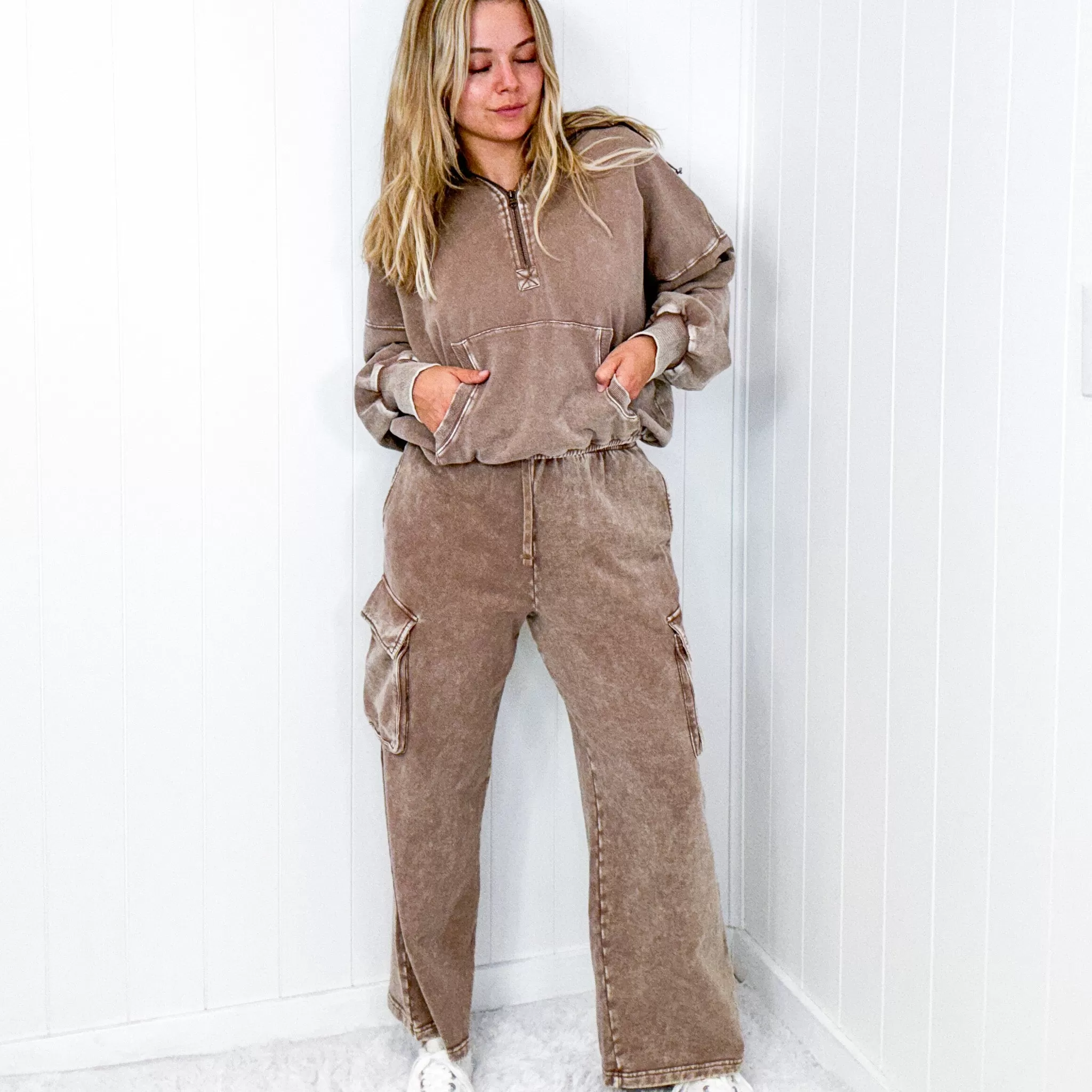 Fun on Fridays Mineral Washed Terry Knit Wide Leg Pull On Cargo Pants in Mocha