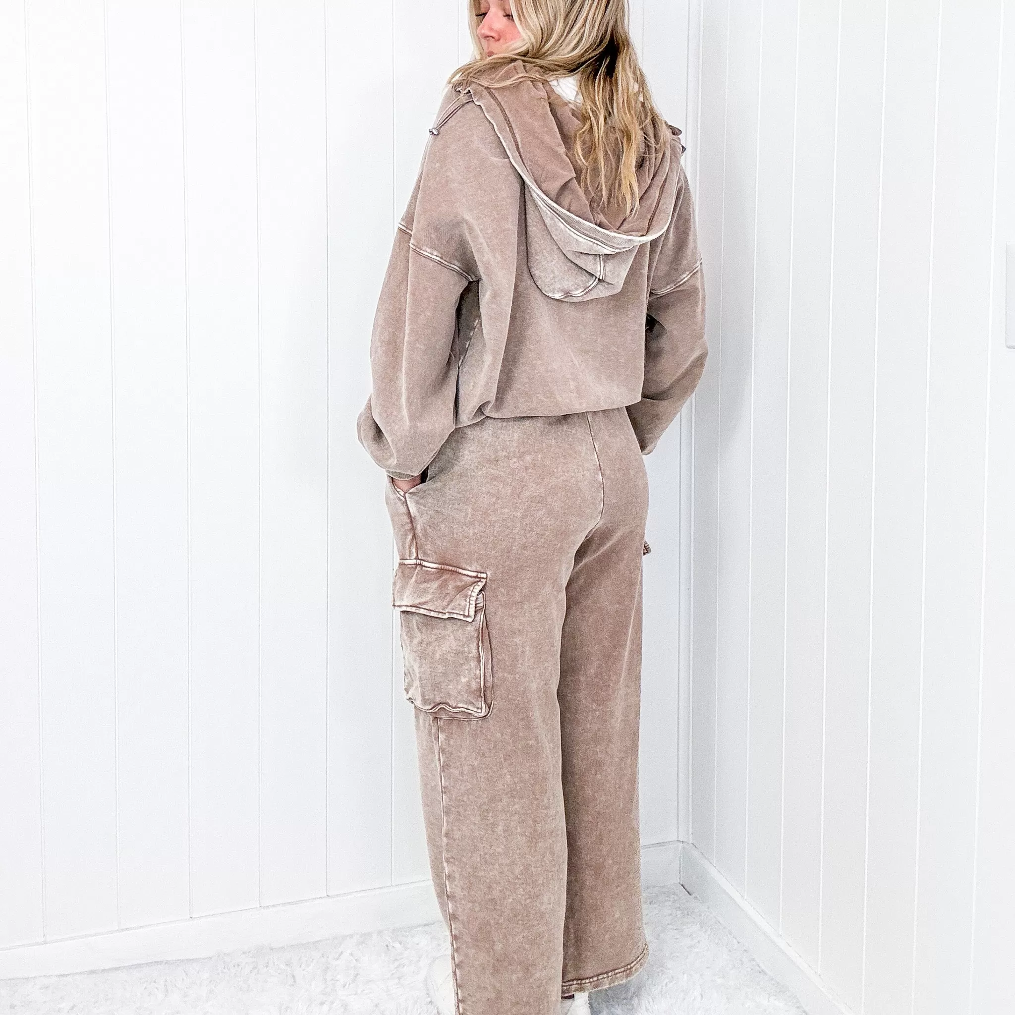 Fun on Fridays Mineral Washed Terry Knit Wide Leg Pull On Cargo Pants in Mocha