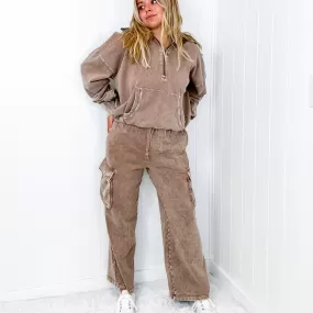 Fun on Fridays Mineral Washed Terry Knit Wide Leg Pull On Cargo Pants in Mocha