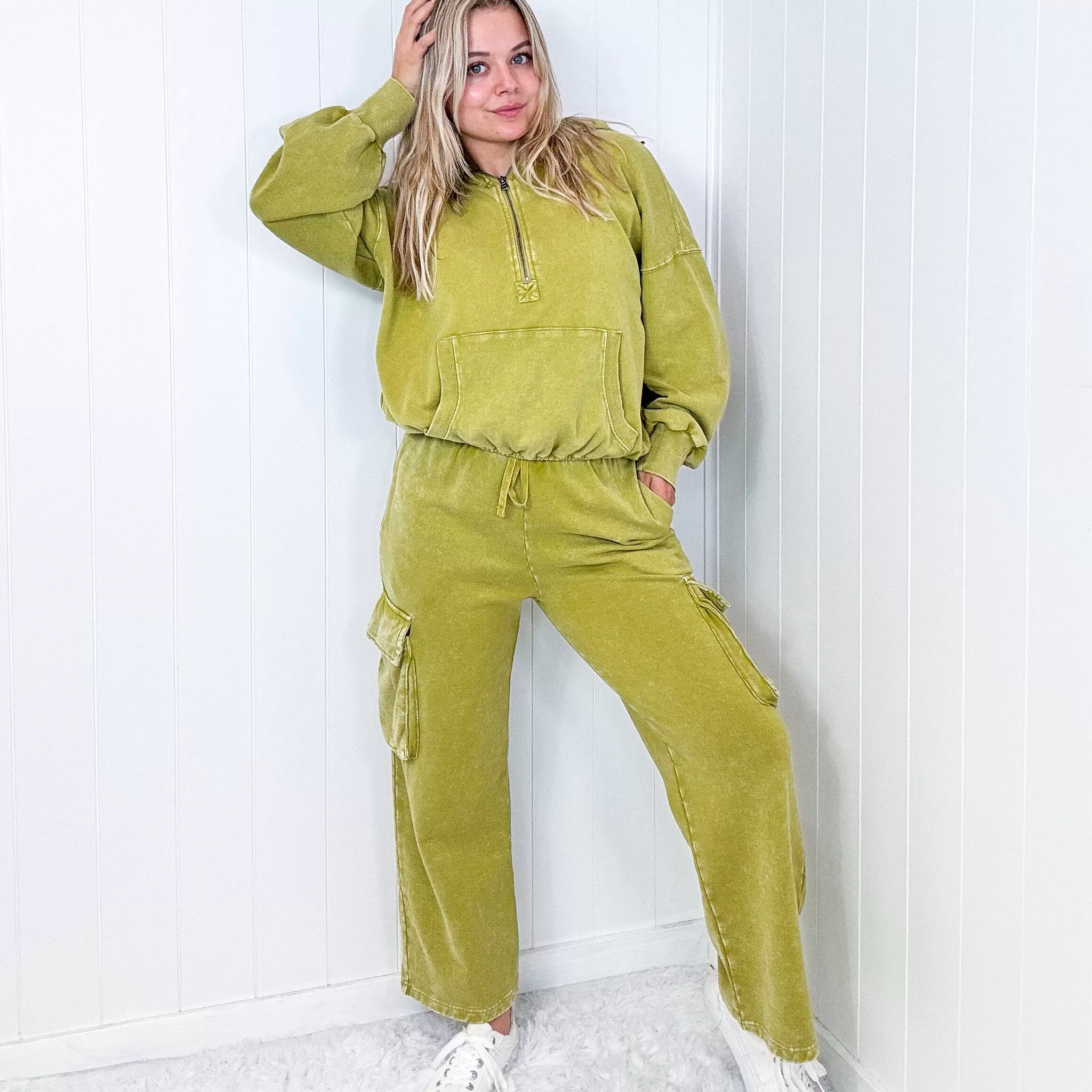 Fun on Fridays Mineral Washed Terry Knit Wide Leg Pull On Cargo Pants in Pistachio