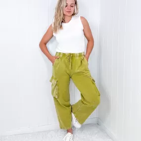 Fun on Fridays Mineral Washed Terry Knit Wide Leg Pull On Cargo Pants in Pistachio