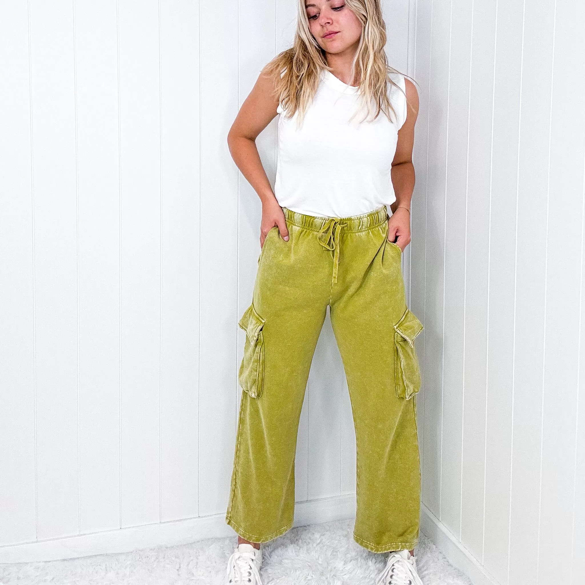 Fun on Fridays Mineral Washed Terry Knit Wide Leg Pull On Cargo Pants in Pistachio