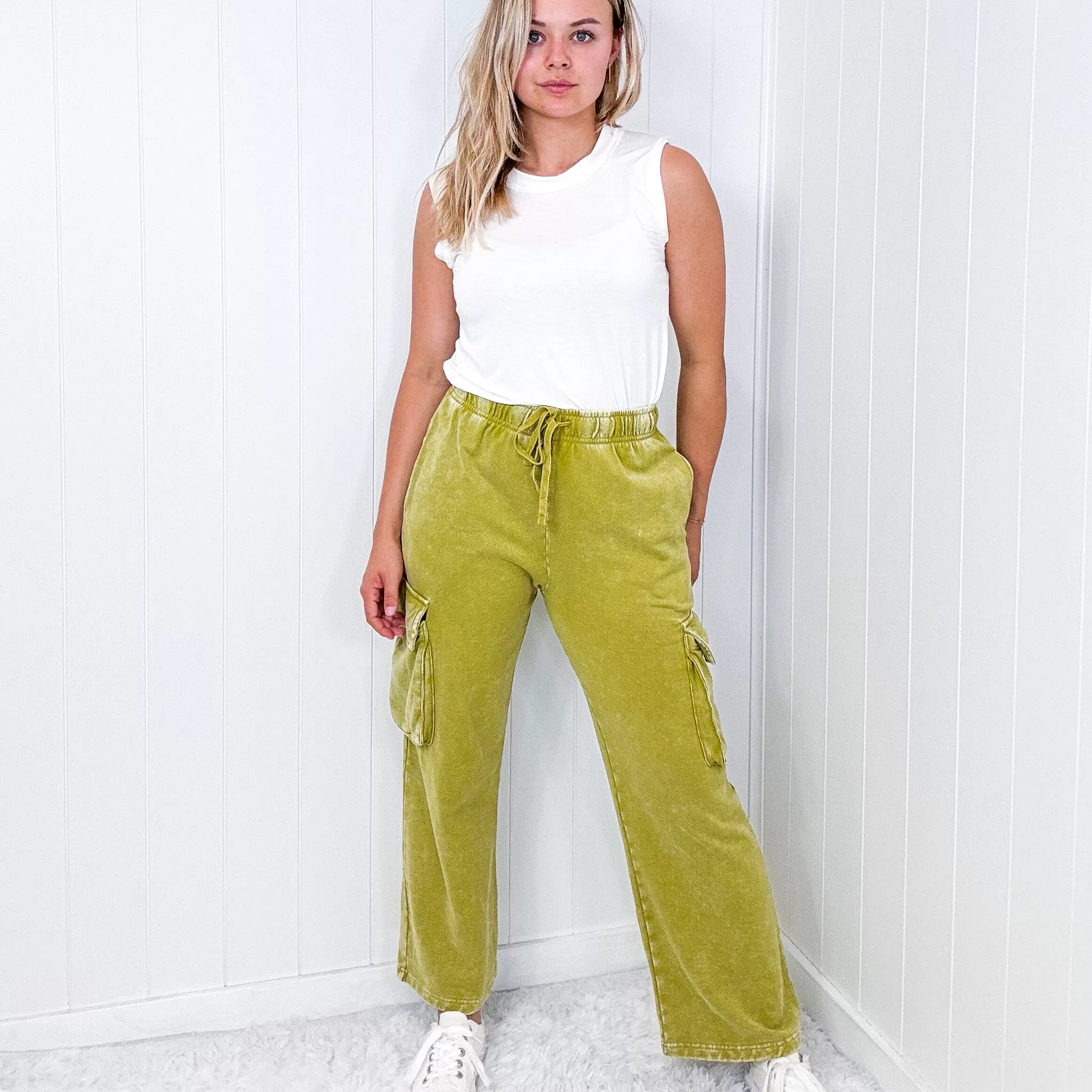 Fun on Fridays Mineral Washed Terry Knit Wide Leg Pull On Cargo Pants in Pistachio